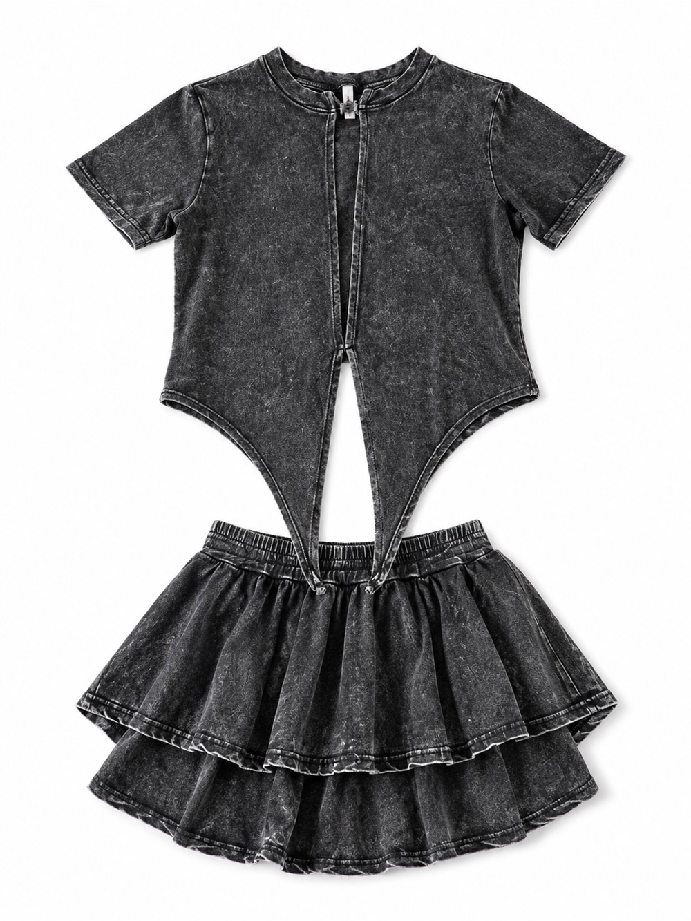 Acid-Wash Two-Piece Set - Washed Black Top & Skirt